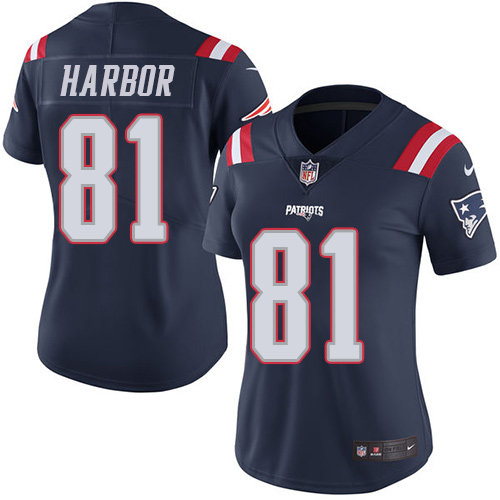 Women's Limited Clay Harbor Nike Jersey Navy Blue - #81 Rush NFL New England Patriots